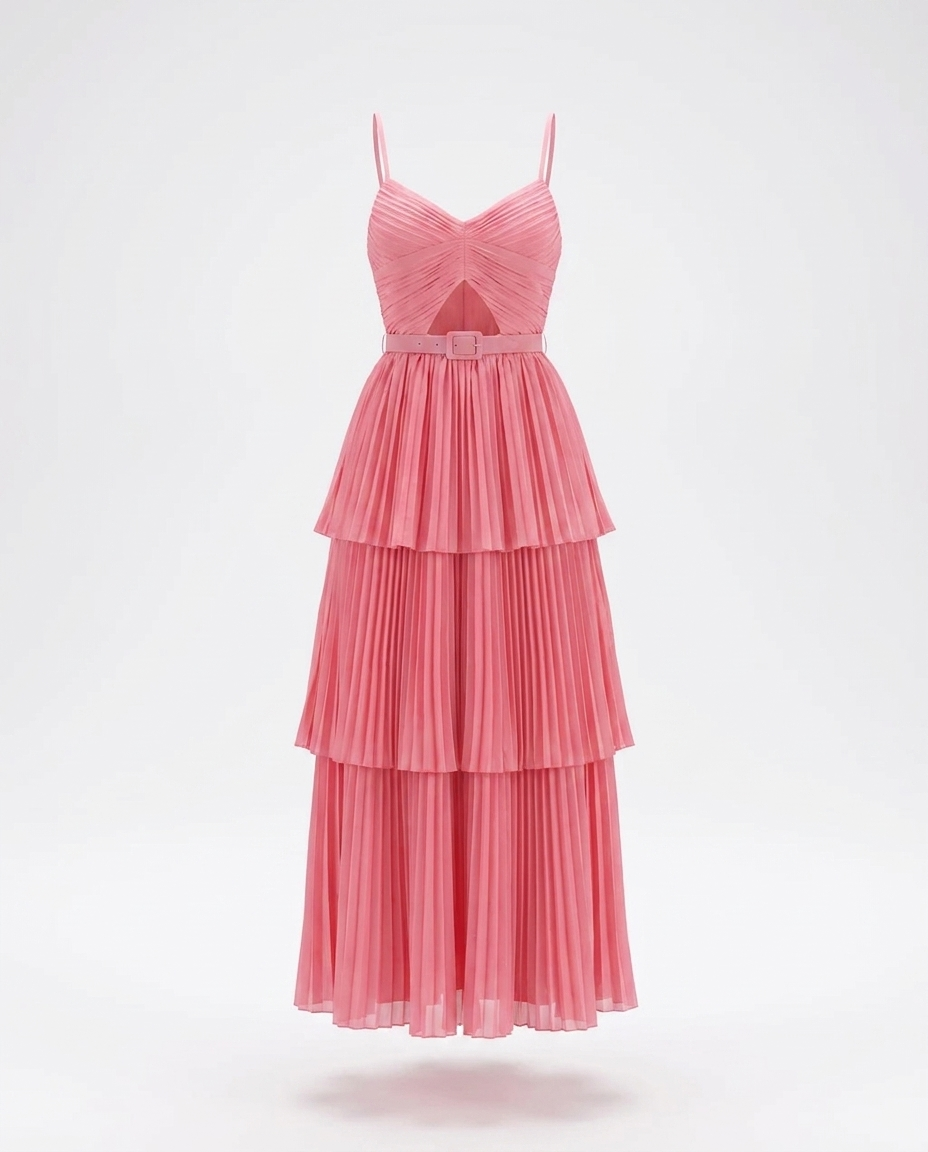 Hadas Pleated Layered Spaghetti Strap Midi Dress ghost mannequin