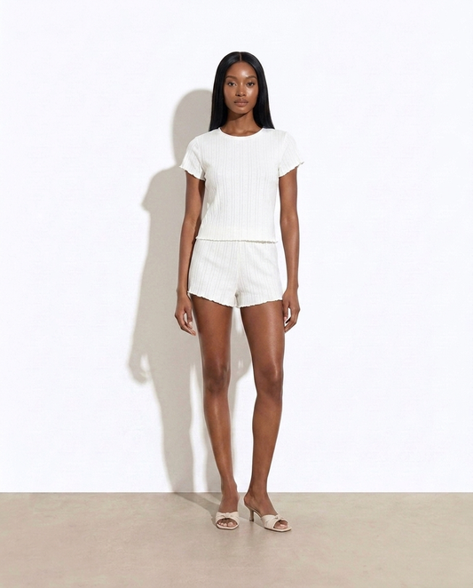 Hagar Ribbed Knit Top and Shorts Lounge Set on model