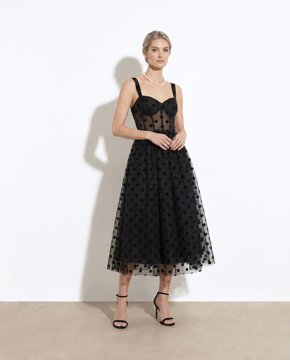 Hanne Polka Dot Tulle Sleeveless Midi Dress on model