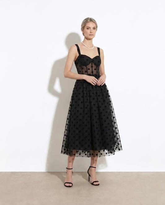 Hanne Polka Dot Tulle Sleeveless Midi Dress on model
