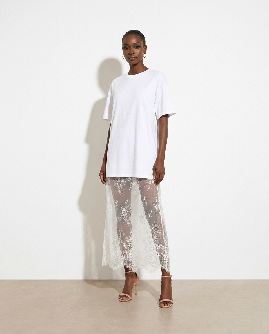 Hattie Lace Patchwork T-Shirt Dress - studio model