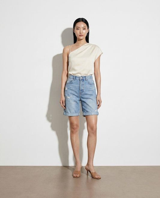 Helle denim shorts — studio model