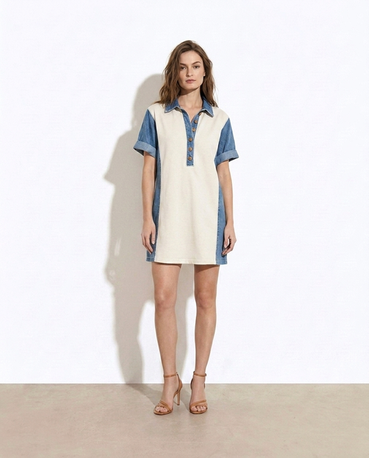 Hildegard Denim Patchwork Button Front Mini Dress - studio model