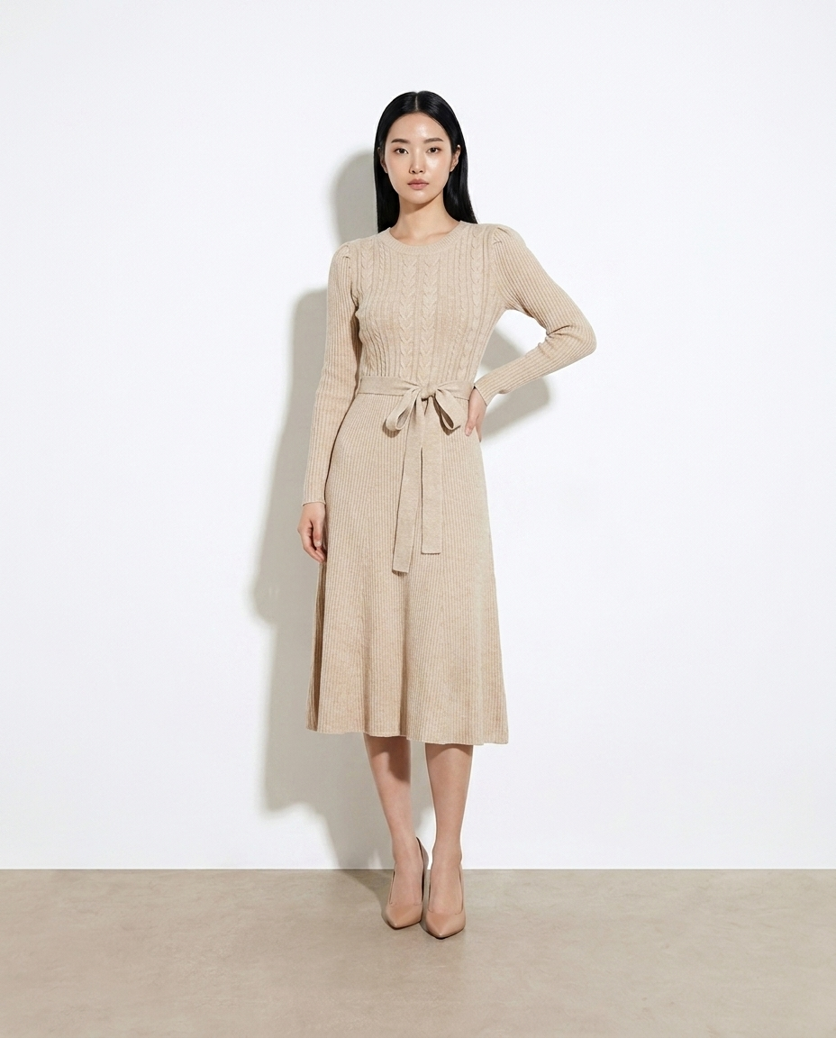 Hjordis Round Neck Tie Waist Sweater Dress - studio model