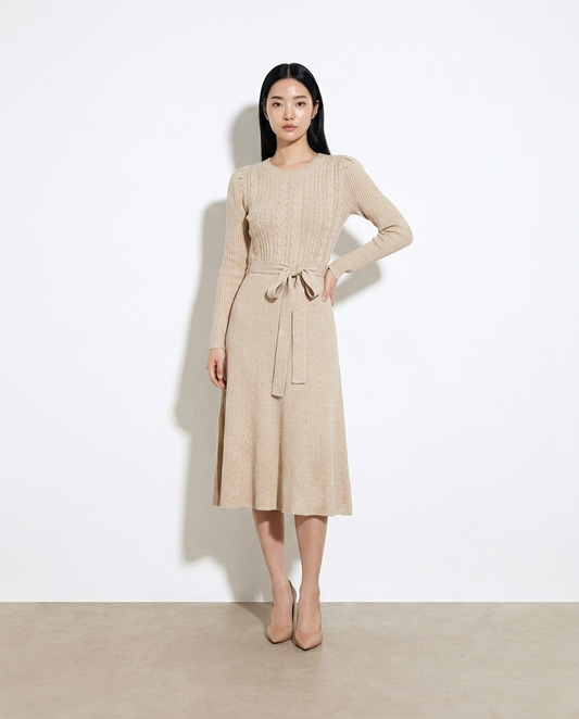 Hjordis Round Neck Tie Waist Sweater Dress - studio model