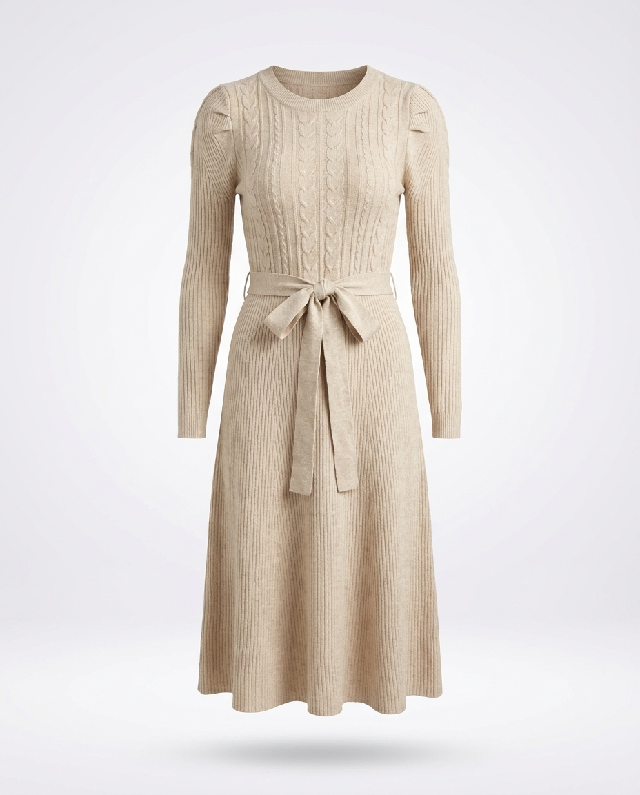 Hjordis Round Neck Tie Waist Sweater Dress - product