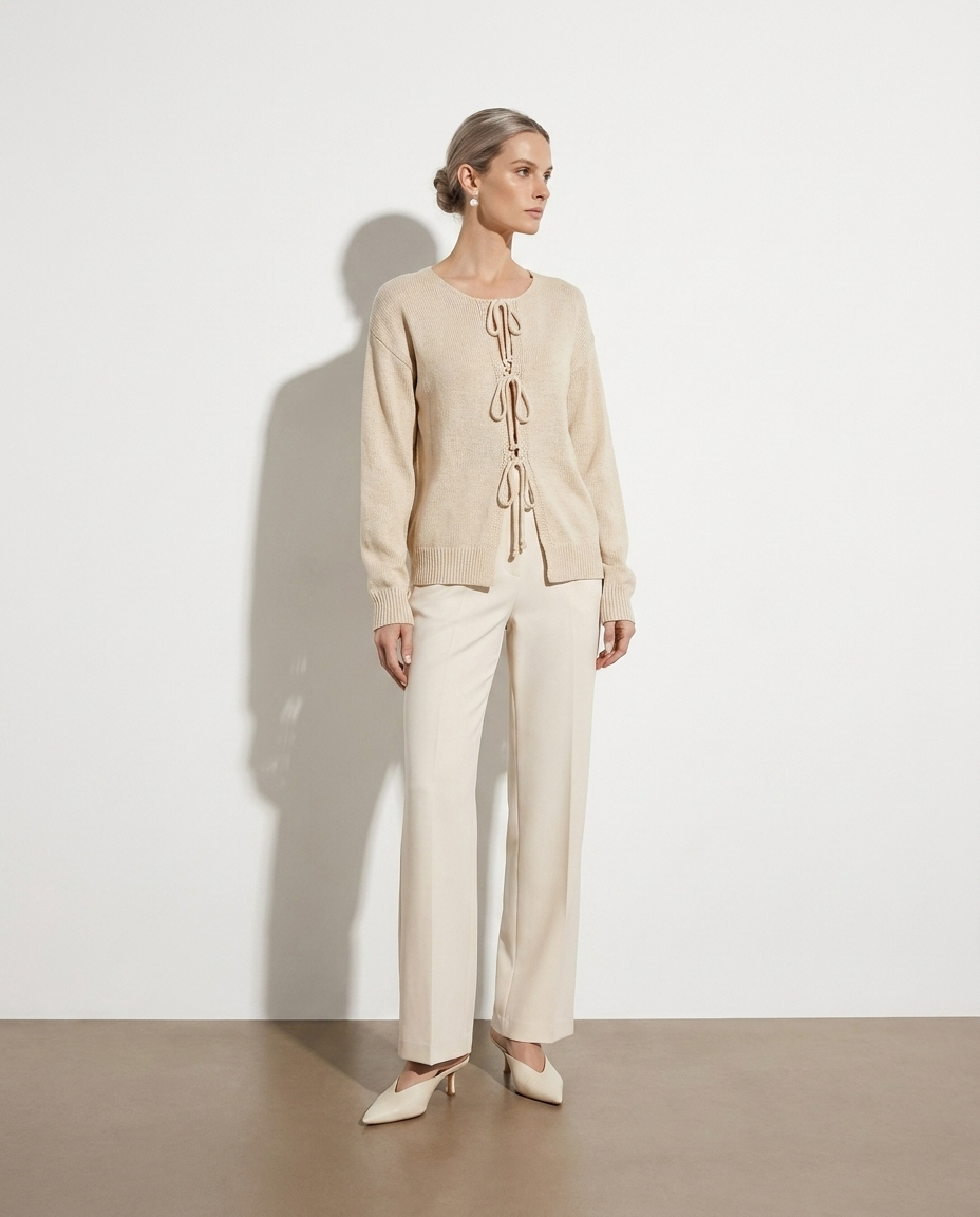Hypatia Tied Round Neck Cardigan — studio model