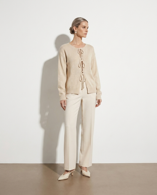 Hypatia Tied Round Neck Cardigan — studio model