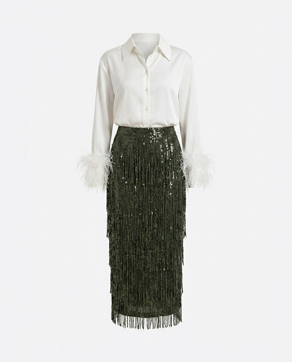 Gloria Fringe Long Sleeve Shirt & Skirt Set — ghost mannequin (full length)