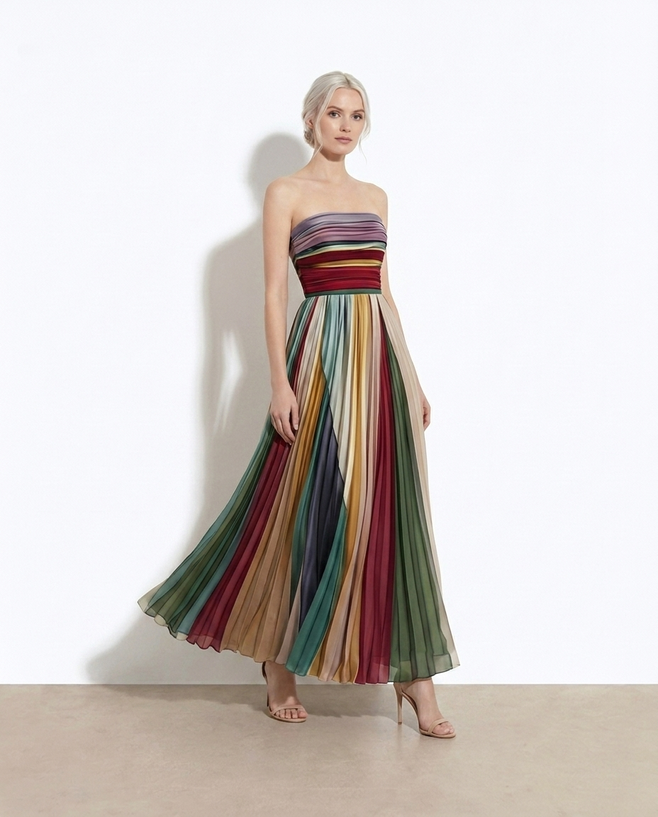 Marlene Striped Pleated Tube Maxi Dress — studio model