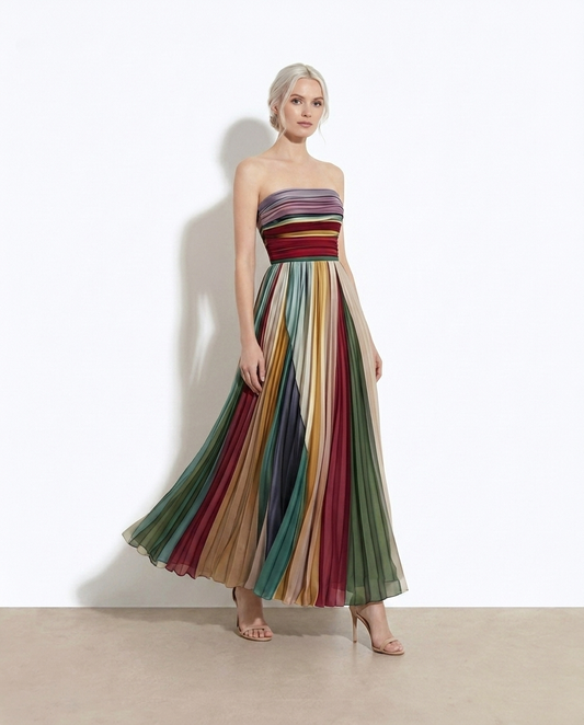Marlene Striped Pleated Tube Maxi Dress — studio model