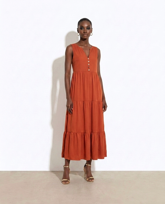 Radmila Decorative Button Notched Sleeveless Dress - studio model