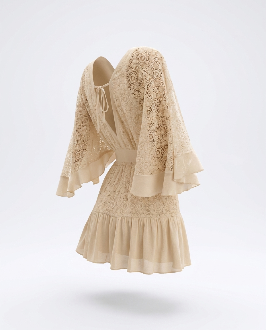 Pearl Ruffle Hem Tie-Back Lace Mini Dress - product