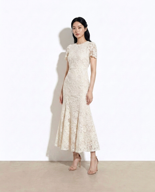 Orly Lace Short Sleeve Mermaid Dress — studio model