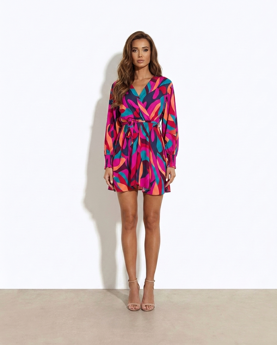 Ottilie Printed Surplice Neck Tie Waist Dress — studio model