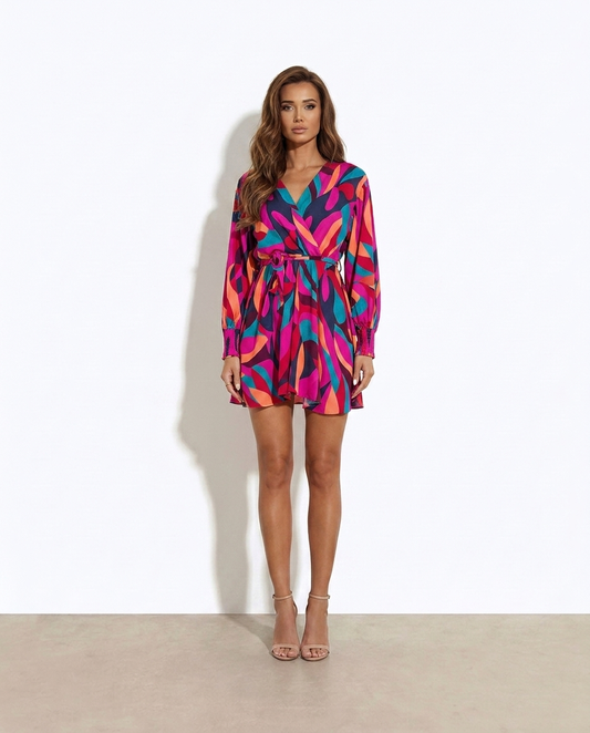 Ottilie Printed Surplice Neck Tie Waist Dress — studio model