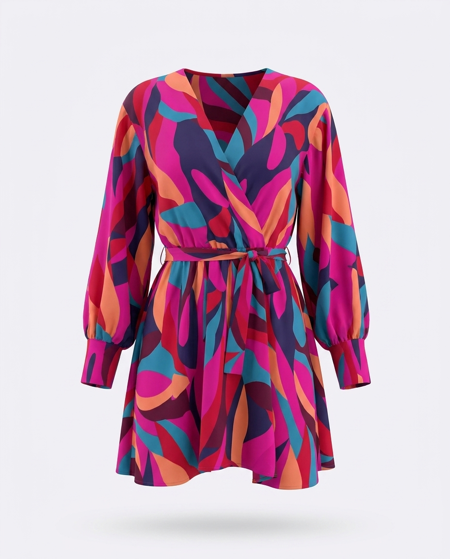 Ottilie Printed Surplice Neck Tie Waist Dress — ghost mannequin