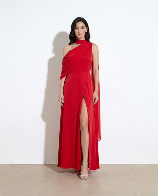 Renata Asymmetrical Neck High Slit Maxi Dress — studio model