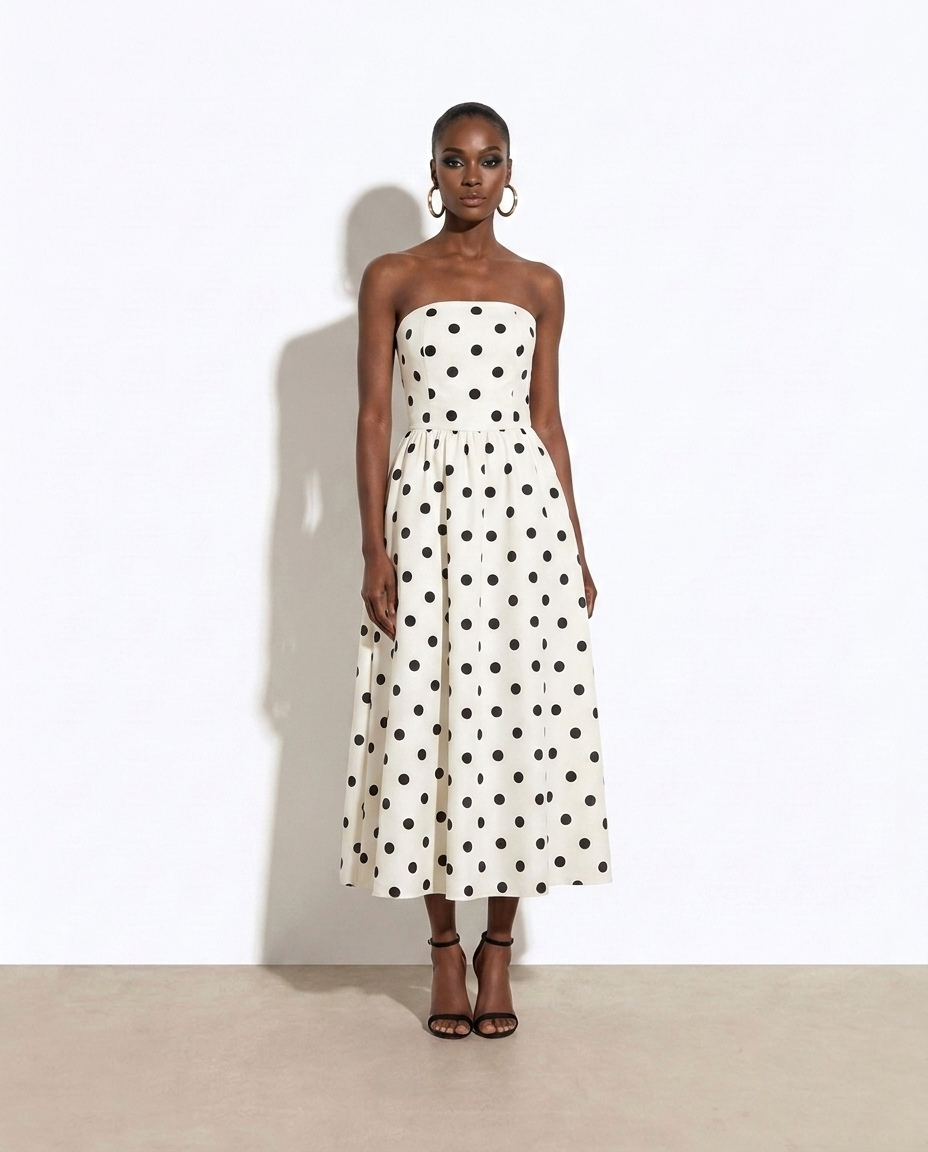 Renate Polka Dot Strapless Midi Dress — studio model