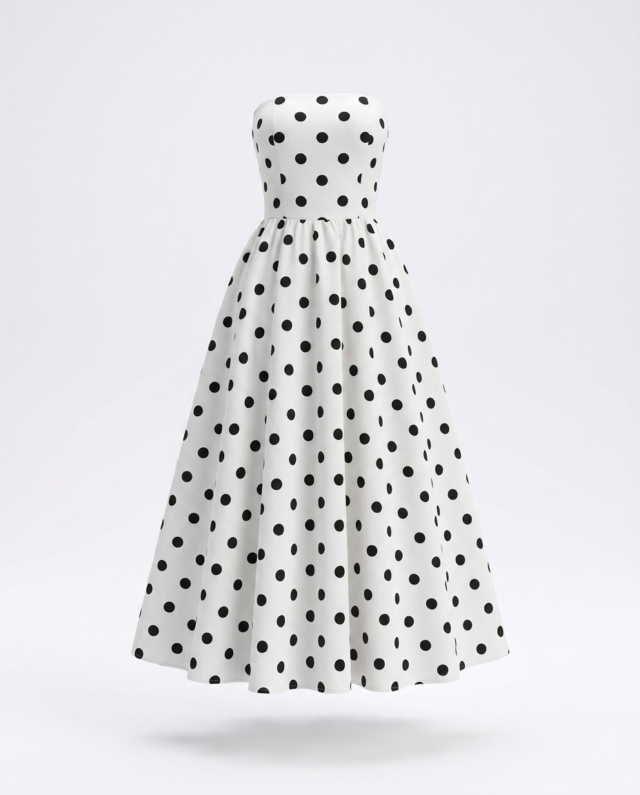 Renate Polka Dot Strapless Midi Dress — ghost mannequin