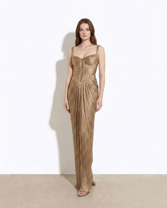 Reva Metallic Pleated Corset Maxi Dress - studio model