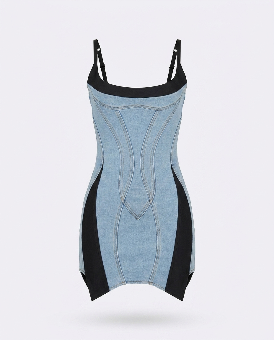 Roisin Contrast Adjustable-Strap Denim Dress - ghost mannequin