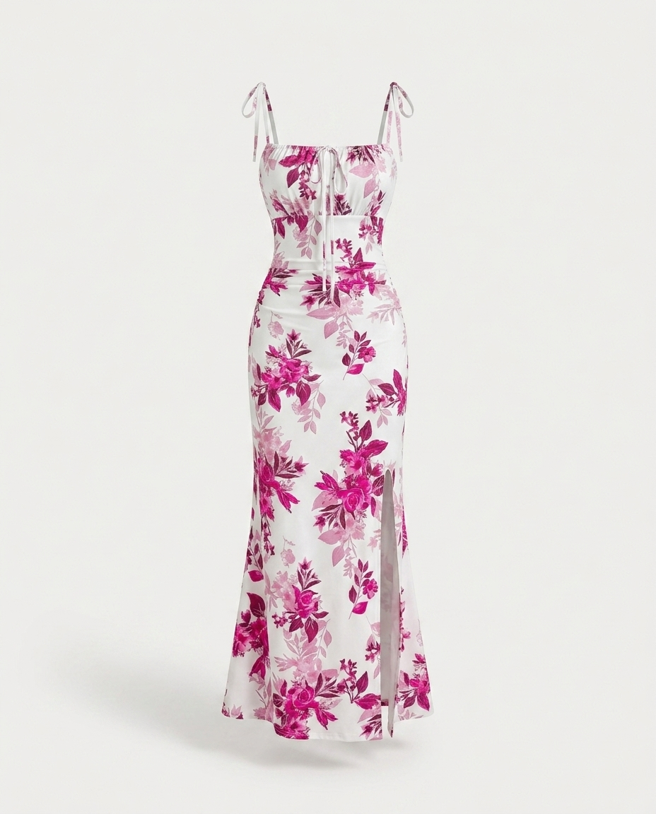 Jutta Printed Tie Strap Slit Maxi Dress — ghost mannequin
