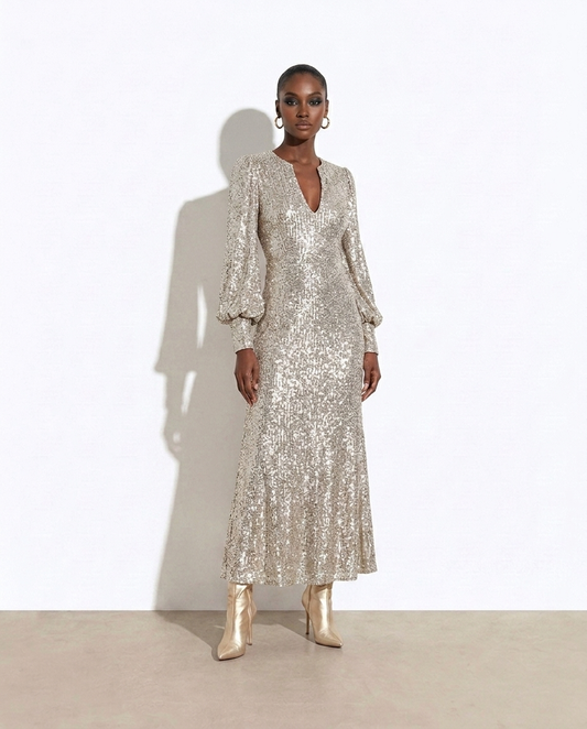 Kali Sequin Notched Lantern Sleeve Maxi Dress — studio model
