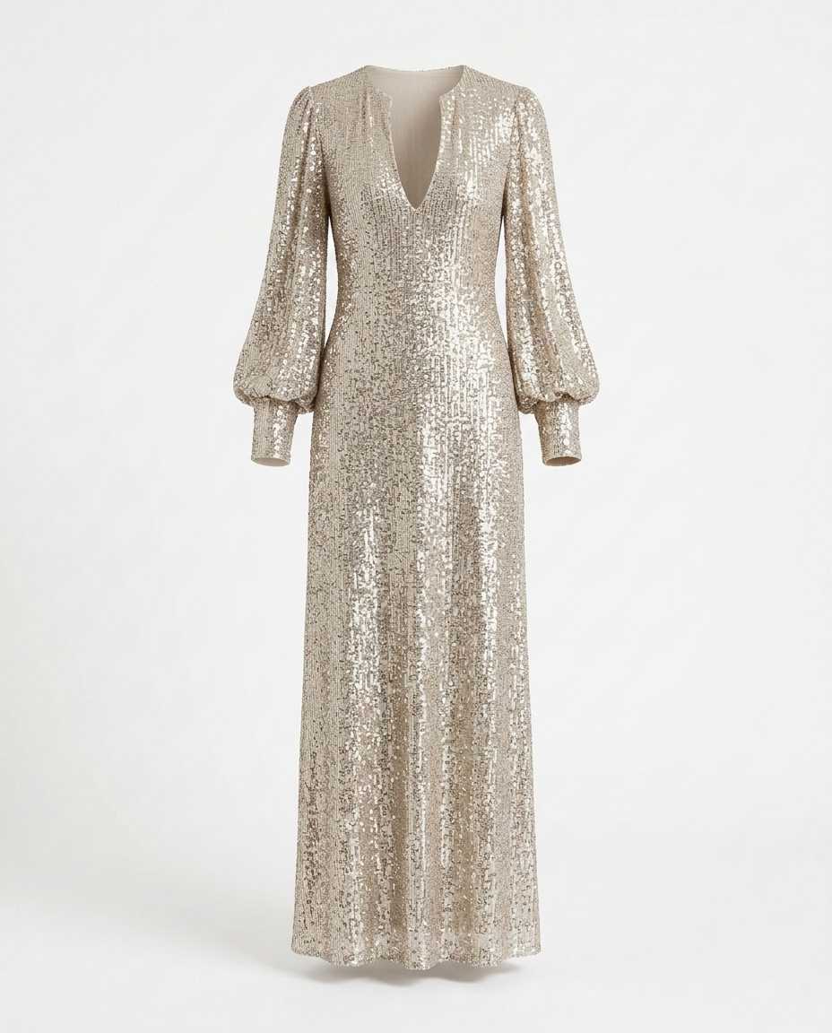 Kali Sequin Notched Lantern Sleeve Maxi Dress — ghost mannequin