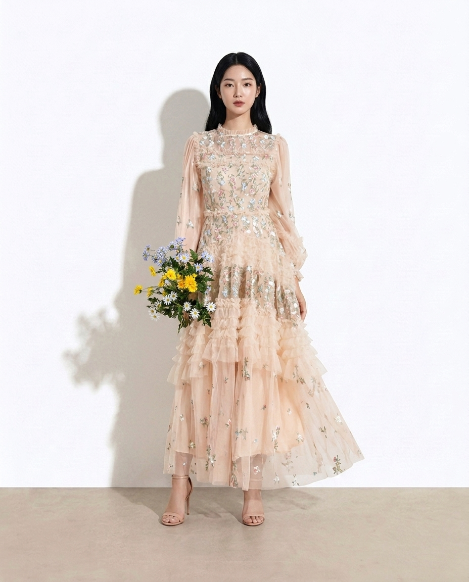 Karoline Floral Tulle Layered Maxi Dress on model