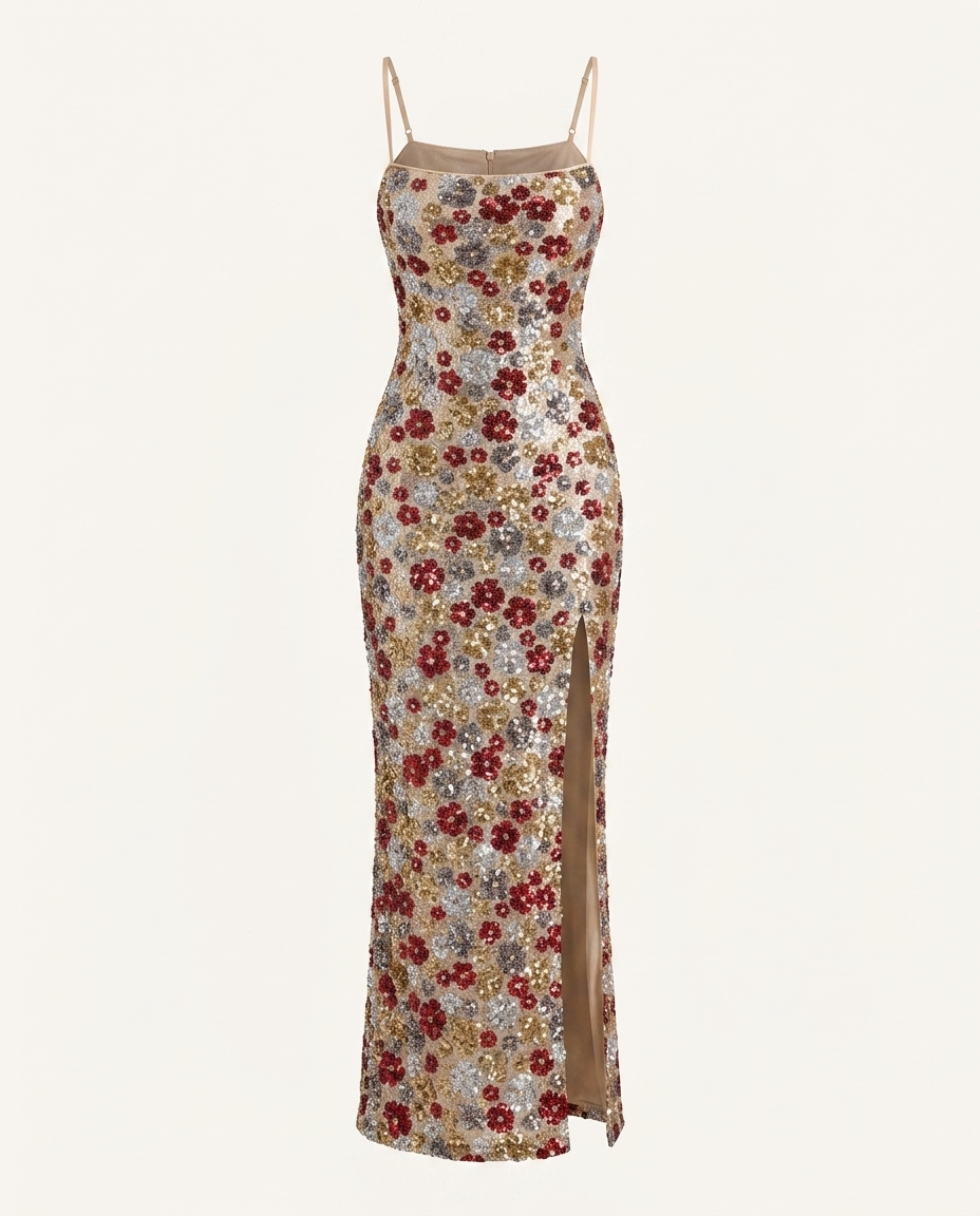 Katharina Slit Floral Sequin Bodycon Maxi Dress mannequin