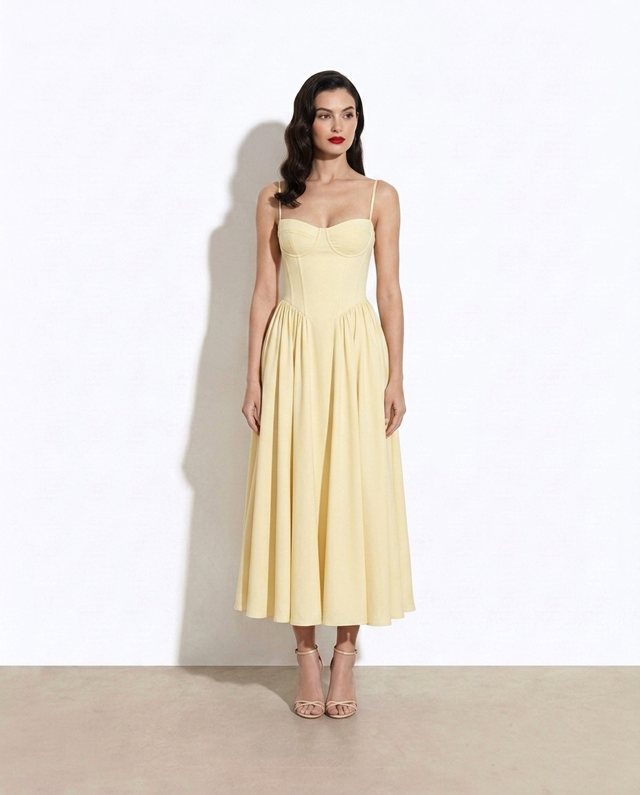 Katrin Sweetheart Neck Spaghetti Strap Midi Dress on model
