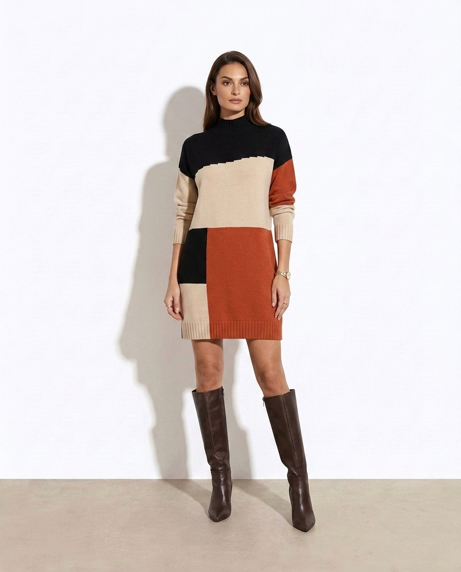 Kirsten Color Block Mock Neck Sweater Dress on model