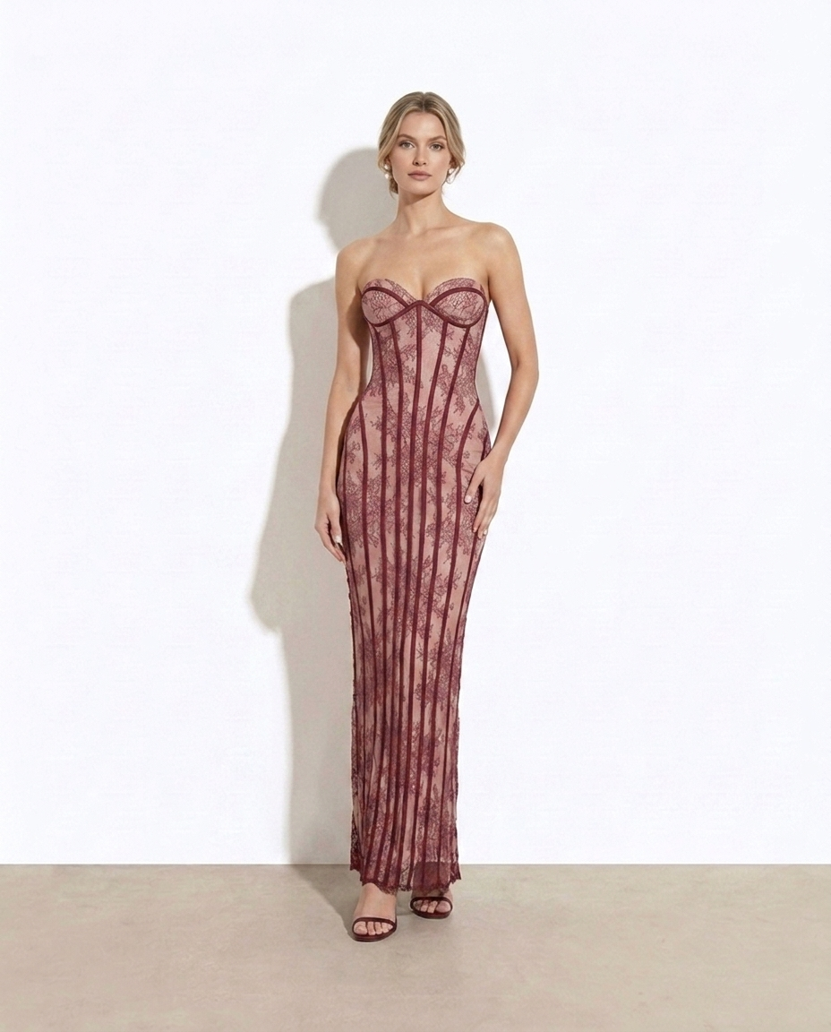 Ladina lace-up back strapless maxi dress on model