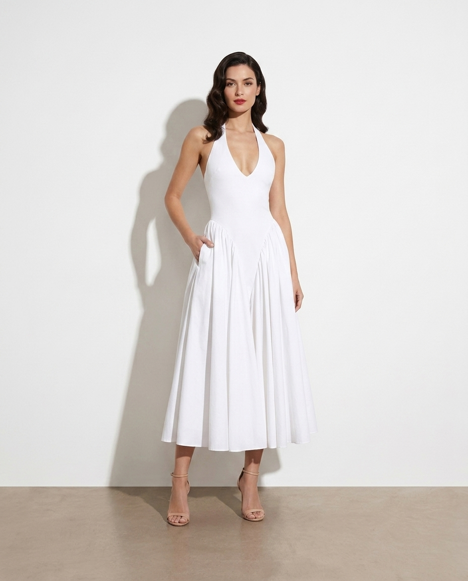 Larina halter neck midi dress on model