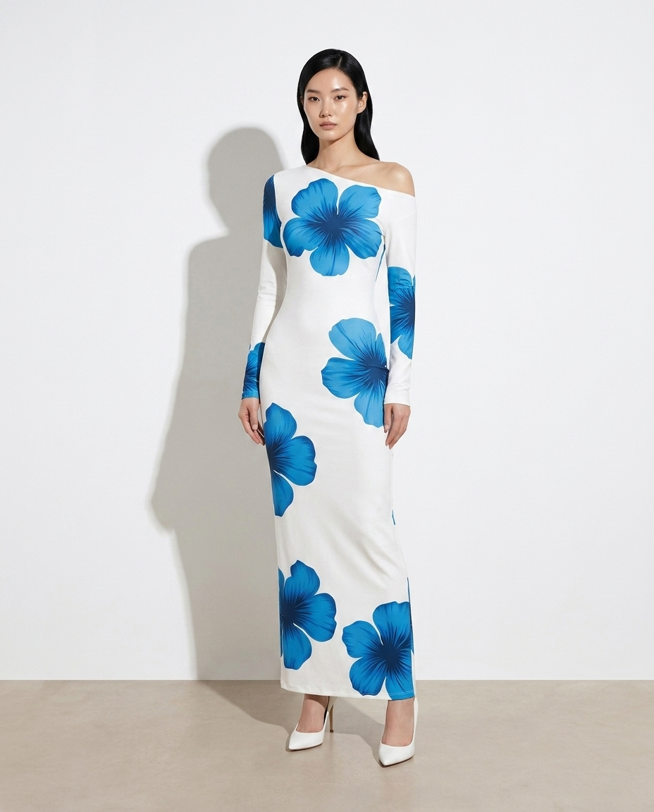 Lena floral one-shoulder maxi dress on model