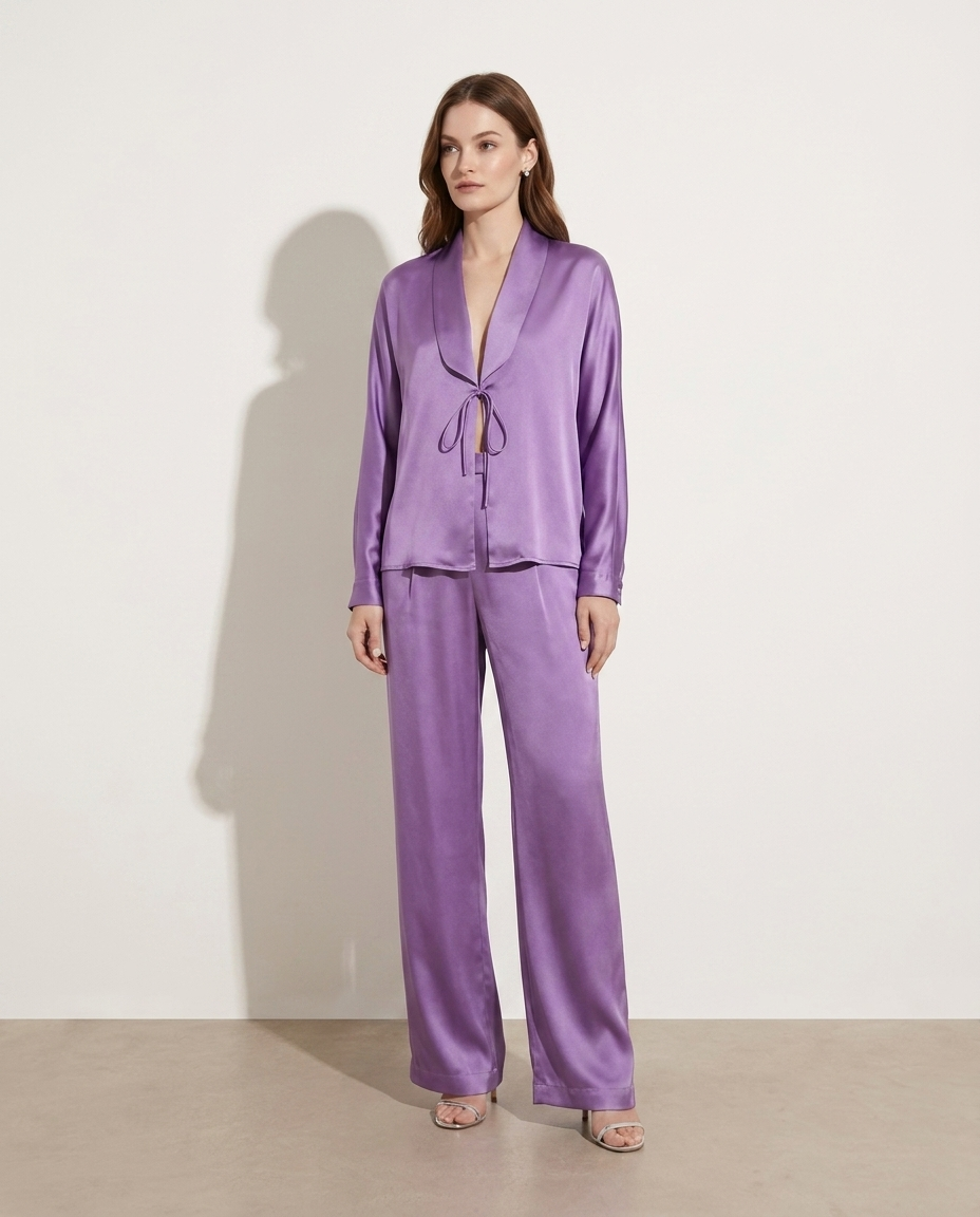 Lavinia open front tied top and pants set on model
