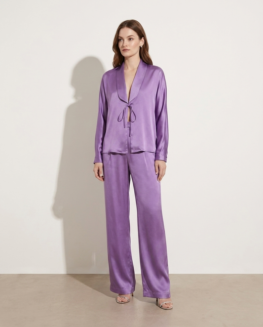 Lavinia open front tied top and pants set on model