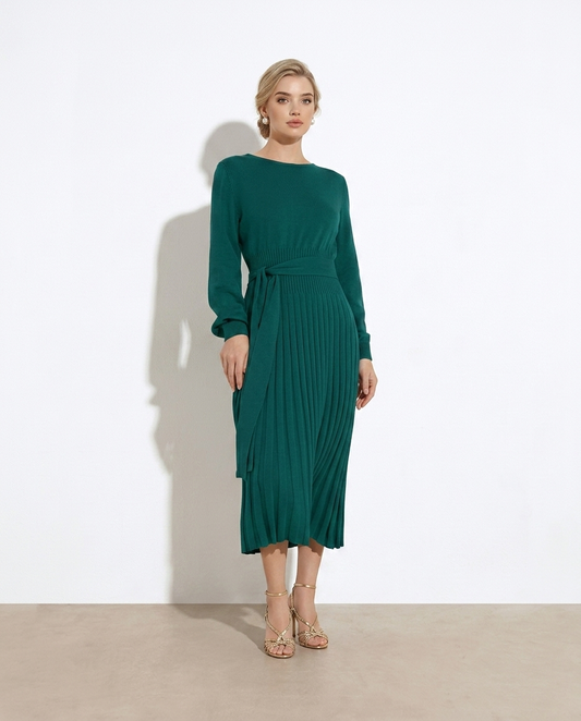 Pleated round neck sweater dress on model