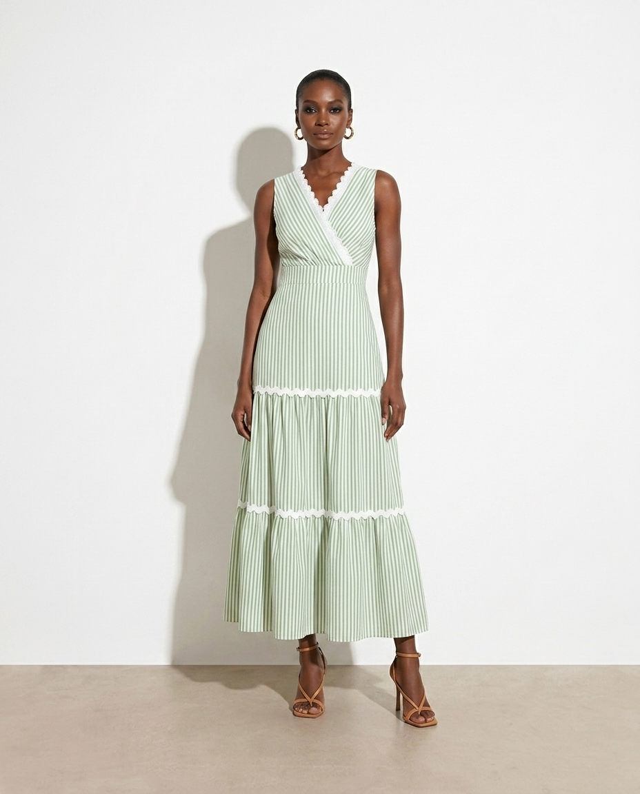 Striped surplice sleeveless tiered dress on model