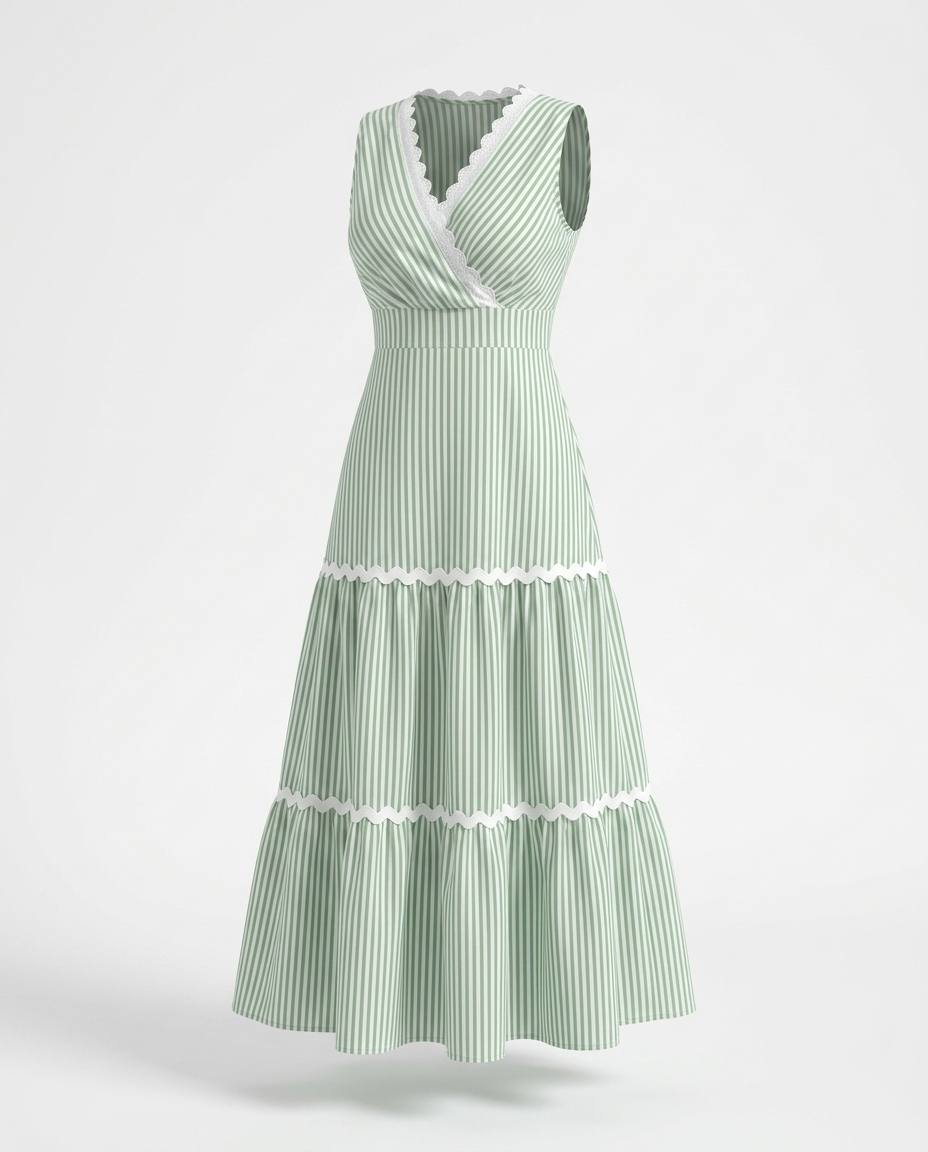Striped surplice sleeveless tiered dress mannequin