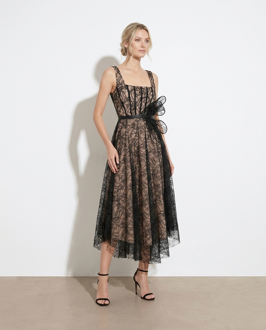 Lace square neck midi dress on model