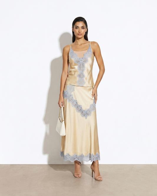 Lace detail cami and skirt set on model