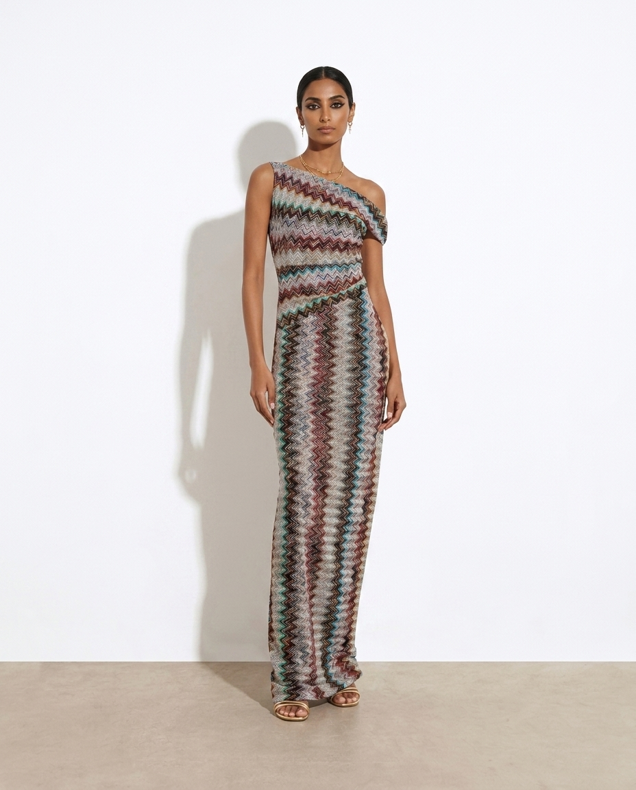 One-shoulder zigzag knit maxi dress on model