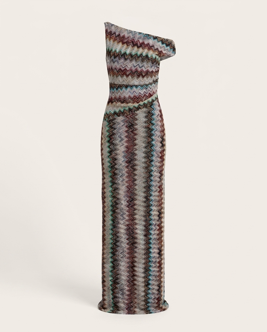 One-shoulder zigzag knit maxi dress mannequin
