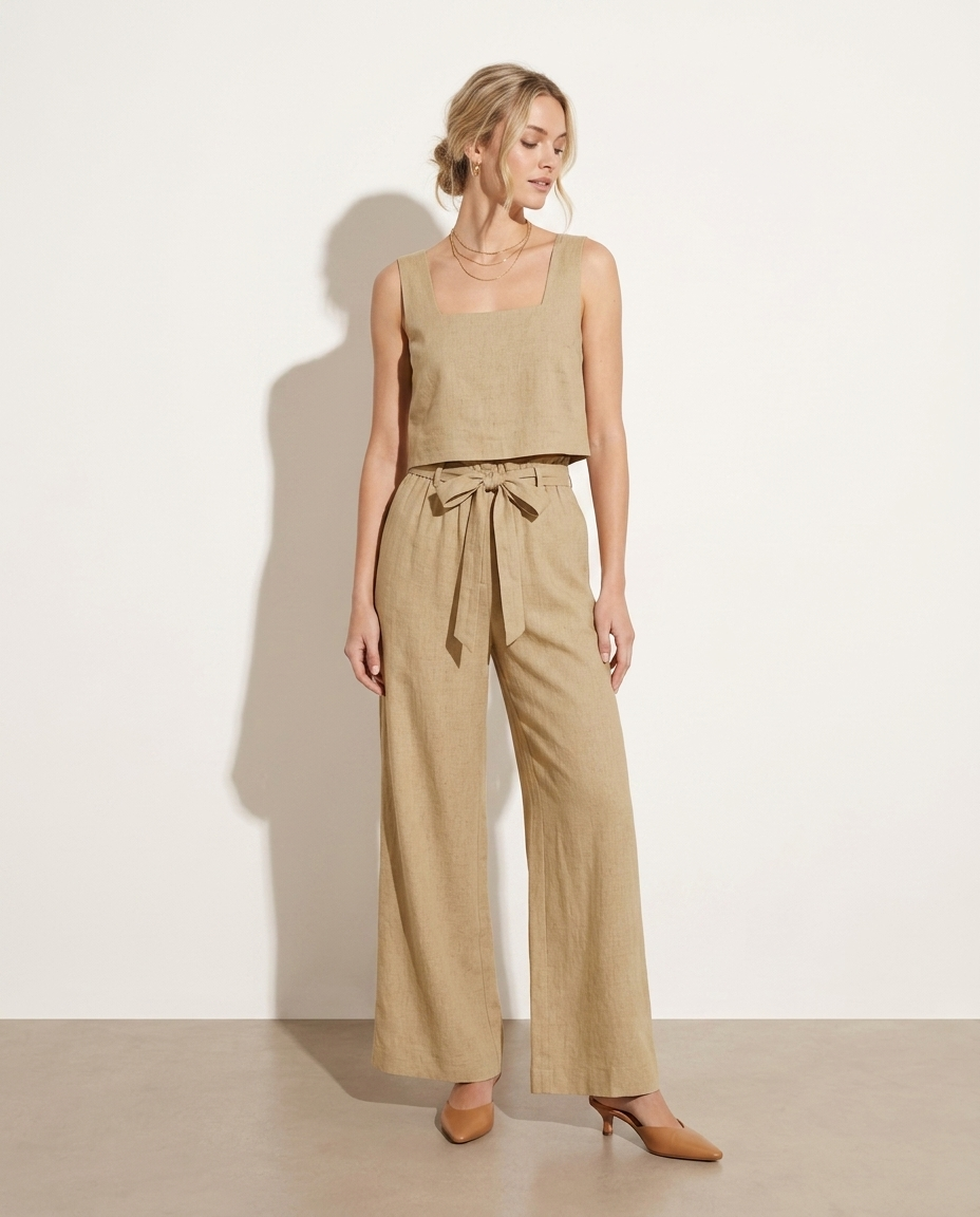 Square neck sleeveless top and pants set on model