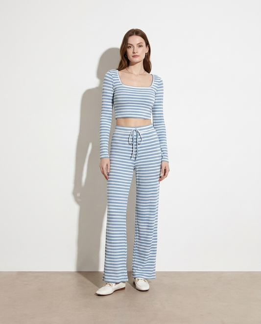 Liadan Striped Square Neck Long Sleeve Top and Pants Lounge Set on model