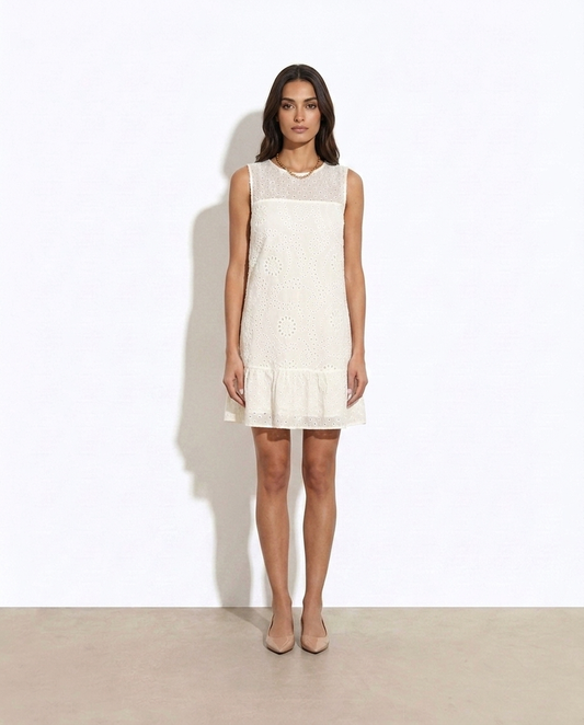 Lucie Floral Eyelet Sleeveless Shift Dress on model