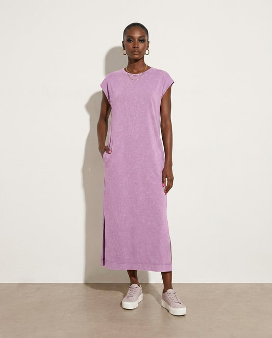 Ludmila Side Split Round Neck Cap Sleeve T-Shirt Dress on model