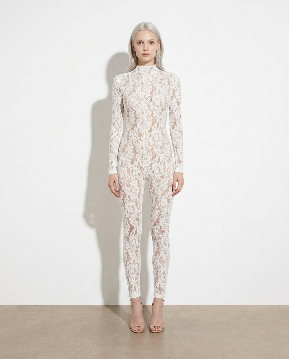 Lorelei Lace Mock Neck Long Sleeve Jumpsuit on model
